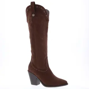 Everly Women's Cowgirl Western Boots Brown Suede Leather Look Studded Detail Comfort Insole for extra Comfort