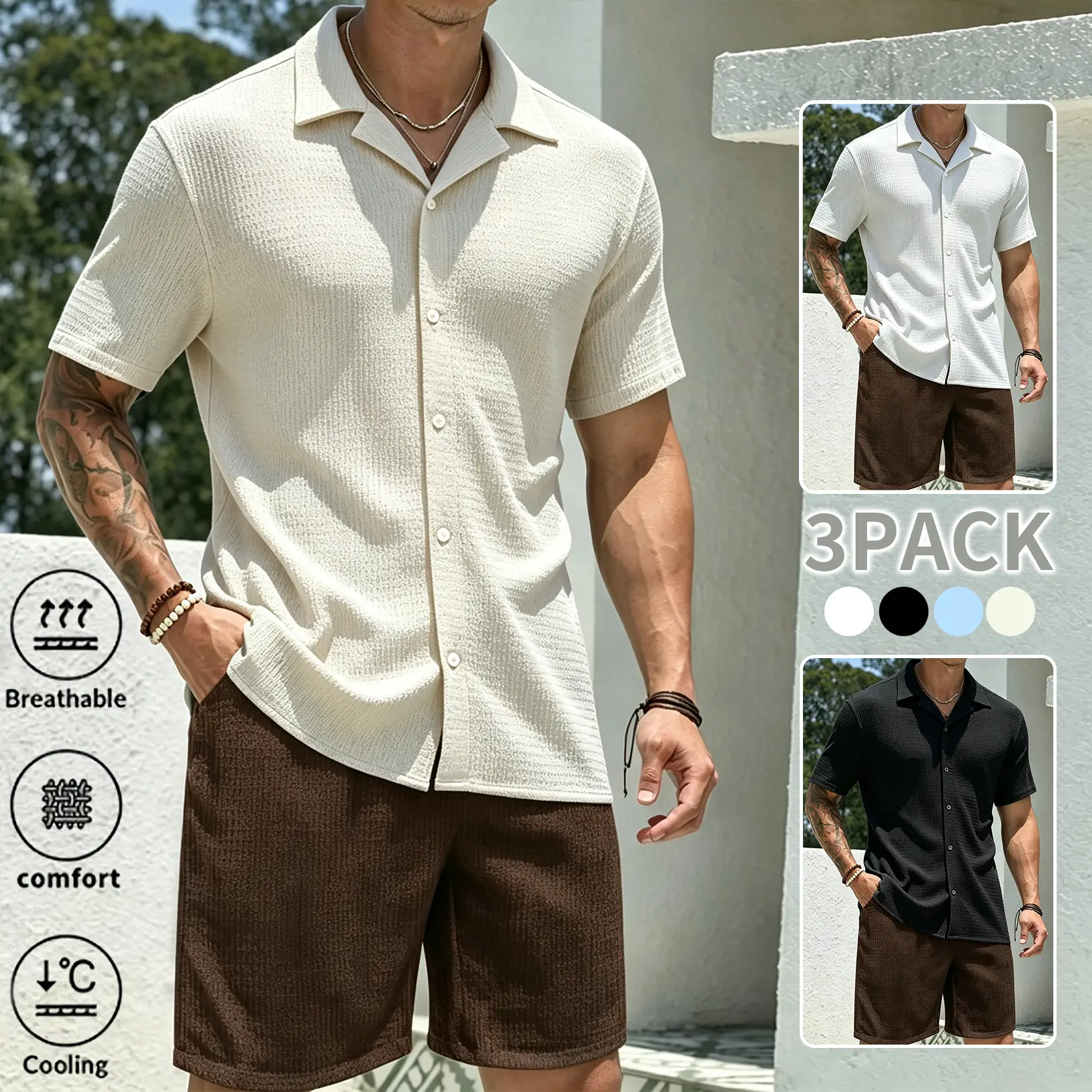Men's 1-Pack/3-Pack Cuban Collar Waffle Texture Shirts - Menswear, Shortsleeve Casual Tops, Breathable Cool Fabric, Wrinkle-Resistant No-Iron, Solid Color Loose-Fit for Summer Beach Trips