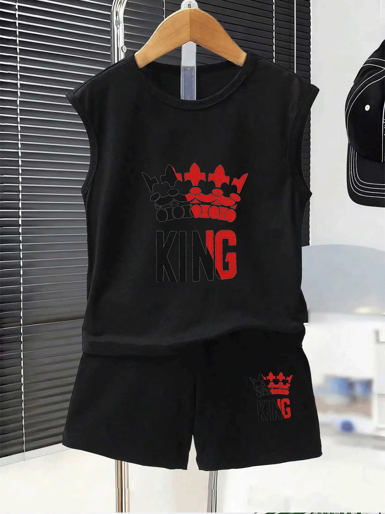 Summer Boys' Sleeveless Tank Top + Shorts Matching Outfits Set, Summer Clothing Set, Cartoon Crown 'king' Print, Loose Fit, Breathable, Ages 4-7, Casual for School & Play