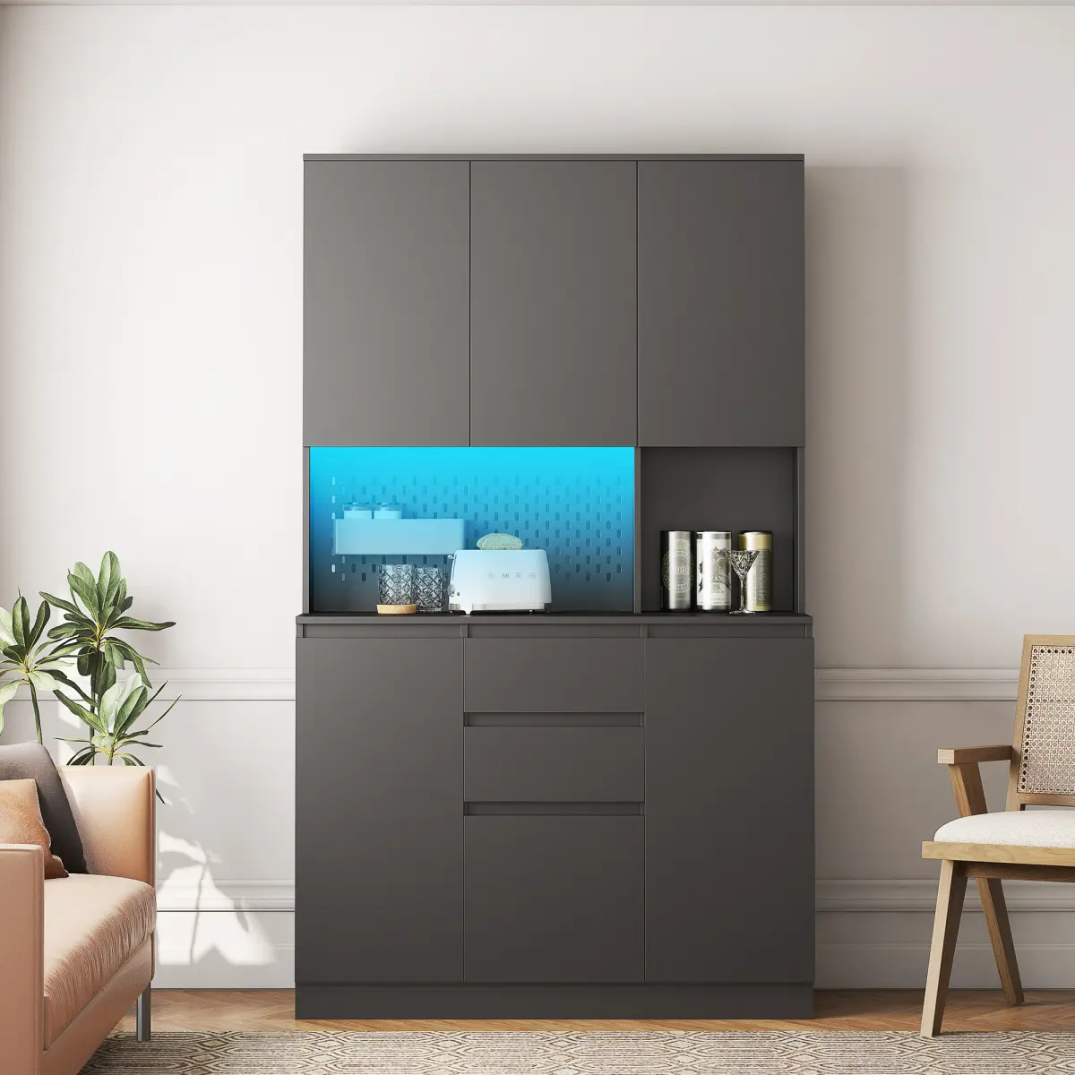 74" Freestanding Kitchen Pantry Cabinet Cupboard with 6 Doors,3 Shelves and 2 Drawer,Versatile Wardrobe & Kitchen Cabinet,Craft Storage Cabinet,Laundry Room Storage for  Kitchen (Black)