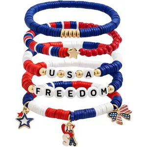 5 count Independence Day Bracelets, 250th Bracelet Collection, Patriotic Red White Blue Clay Beaded Wristbands for Independence Day Celebrations, Day 4th of July Outfits for Women Men Gifts  Accessories