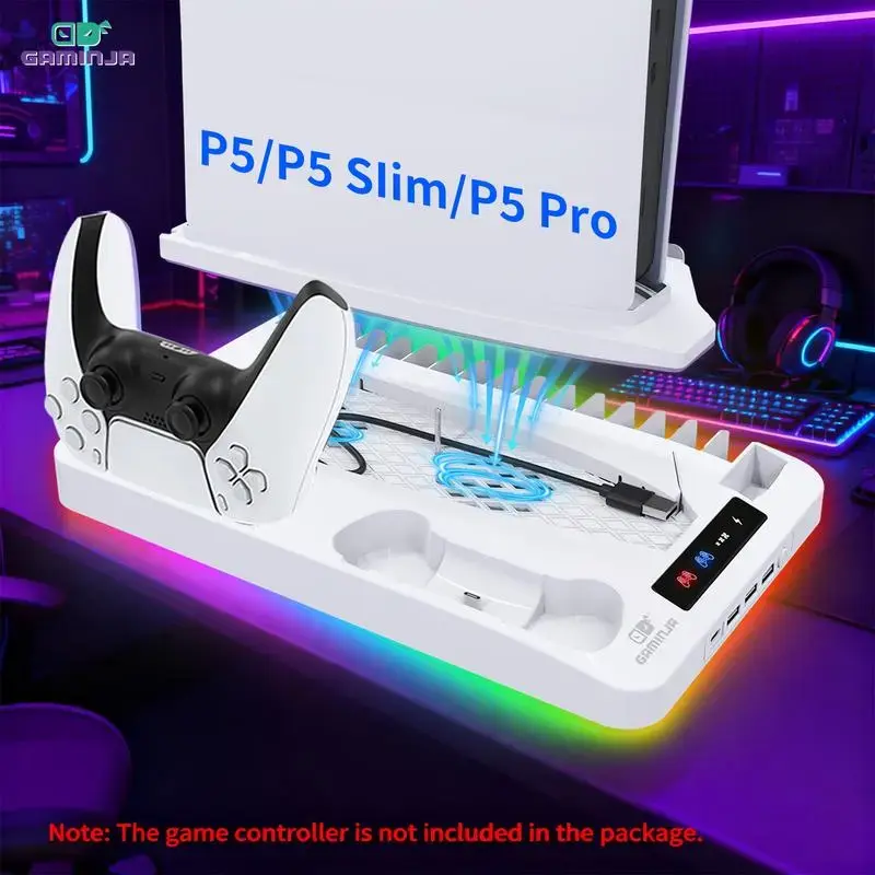 P58 PS5 Cooling Bracket with Charging Base – Vertical Stand & Cooling Fan, Multi-functional Station for PS5 Slim/Pro + Gaming Pad Stomp Pad