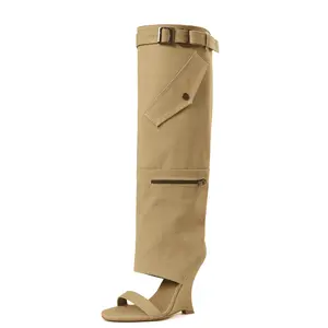 Custom Made Womens Beige Canvas Cuffed Knee High Wedge Sandals Open Toe Single Band Boot Style Wedge Heels with Adjustable Buckle Bohemian Summer Sandals for Vacation Beach Party Casual Comfortable Platform Wedges
