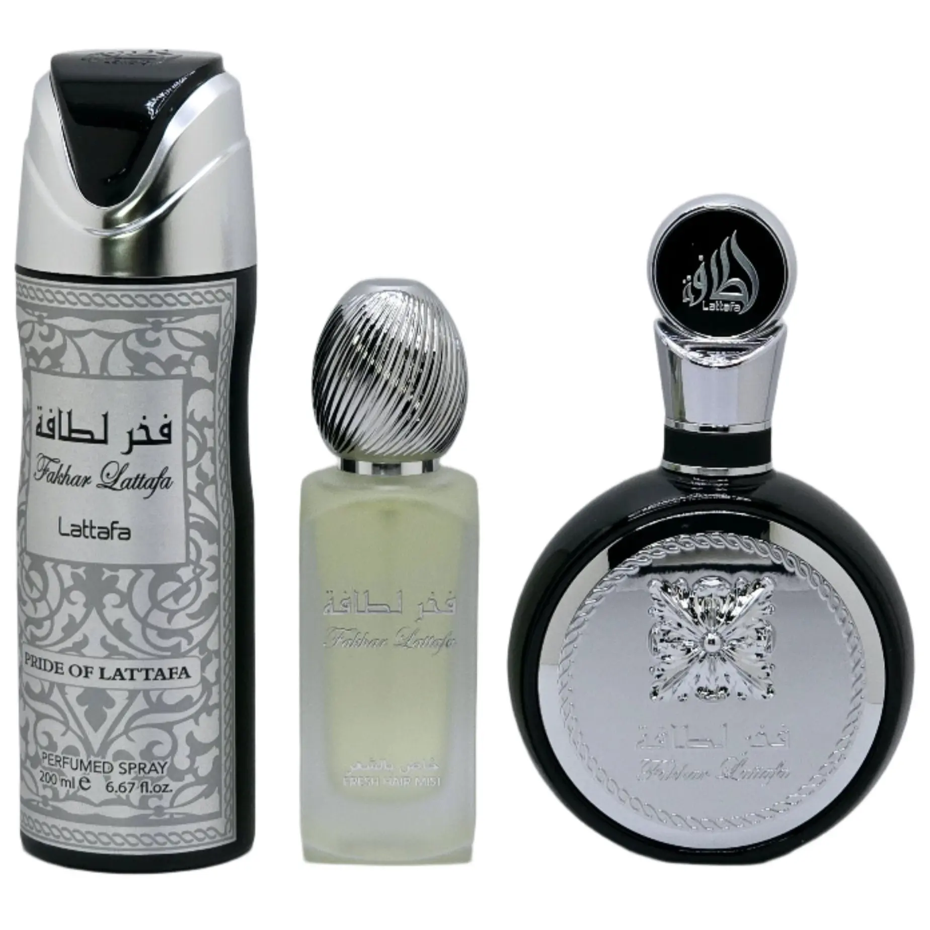 Lattafa Fakhar 3-piece Gift Bundle Set for Men ( Eau de Parfum Spray 3.4 Ounce, Hair Mist 1.7 Ounce and Deodorant Spray 6.7 Ounce )