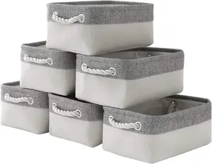 Basket for Organizing Cube Stgorage Bin - Small 6 Pack Fabric Storage Cubes Collapsible Baskets for Shelves with Rope, Bins for Organization Closet Cloth Toy Laundry Canvas (Grey&White 12X8X5.2 Inch)