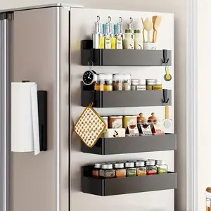 Magnetic Spice Rack Set with Hooks, 4-Piece Kitchen Organizer for Fridge and Microwave, Magnetic Storage Shelf with Paper Towel Holder