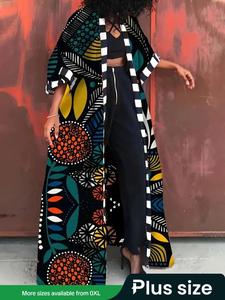 plus size all over print kimono sleeve open front kimono cardigan, casual 3/4 sleeve outerwear for spring & fall, women's clothes for daily wear