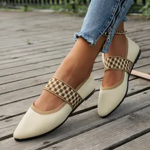 Women Fashion Flat Sneakers Breathable Flyknit Material Slip On Casual Trainers Lightweight Comfortable Pointed Toe Design for Work Daily Wear Color Matching Style