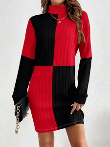 Autumn Winter Colorblock Dress, Contrast Print, Slimming Fit, Perfect for Streetwear, High Turnback Rate
