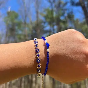 Elegant Blue evil eye  Beaded Bracelet with Gold Accents and Chain Detail for Women's Fashion Accessory