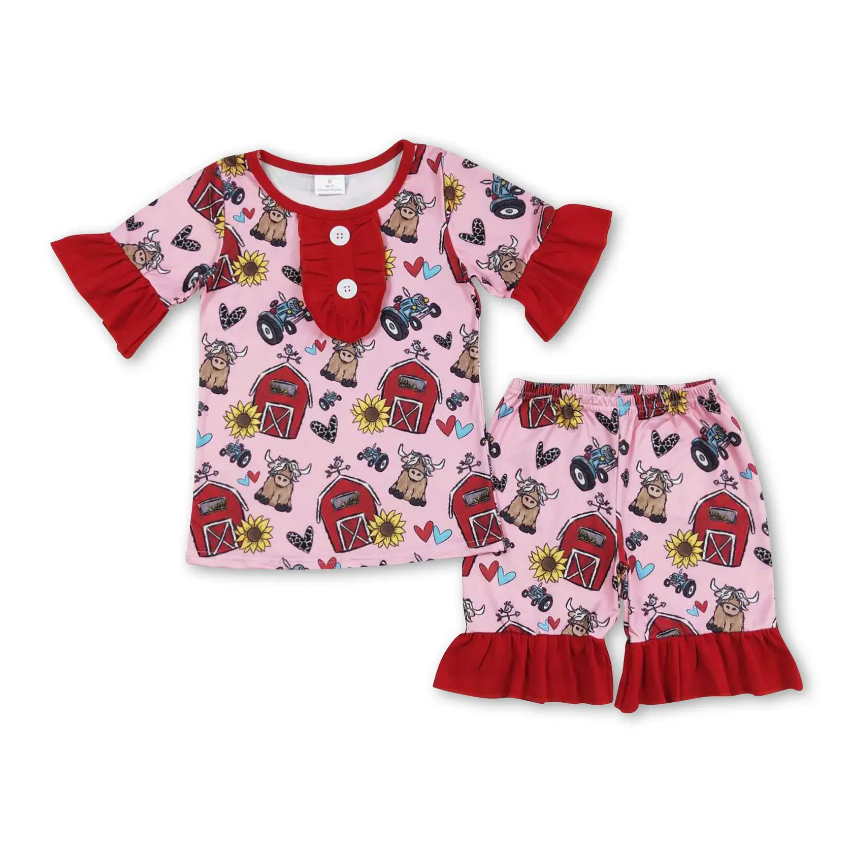 Girls' Pyjama Set in Floral Cow Print, Soft Short Sleeve Button-Down Shirt and Shorts with Pink Trim and Bow