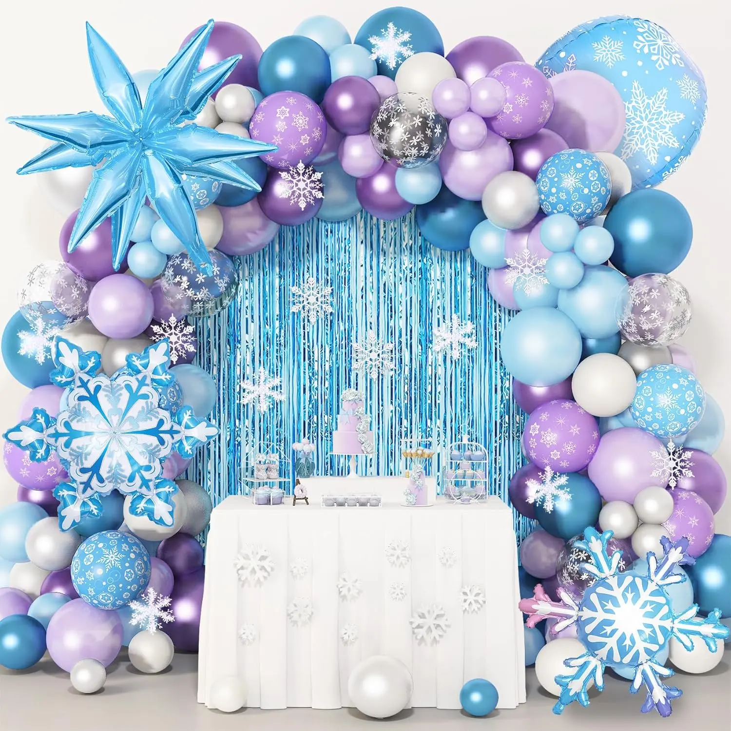 Amandir 162PCS Snow Birthday Party Supplies Kit - Balloon Arch, Fringe Curtain, Blue-Purple Snowflake Confetti Colored Princess Themed Balloons for Girl Baby Princess Winter Wonderland Decorations, Balloon Arch Balloons