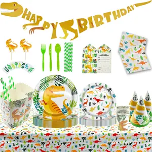 226PCS Dinosaur Party Decorations Serve 16, Dinosaur Birthday Party Supplies Include Invitations, Birthday Favors, Plates, Napkins, Cups and Tablecloth, Dinosaur Birthday Decorations Colorful Set Disposable Adventure