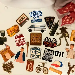Stranger Things Season One Sticker Set Featuring Hawkins Middle School Police & 011 Icons with Iconic Characters and Locations