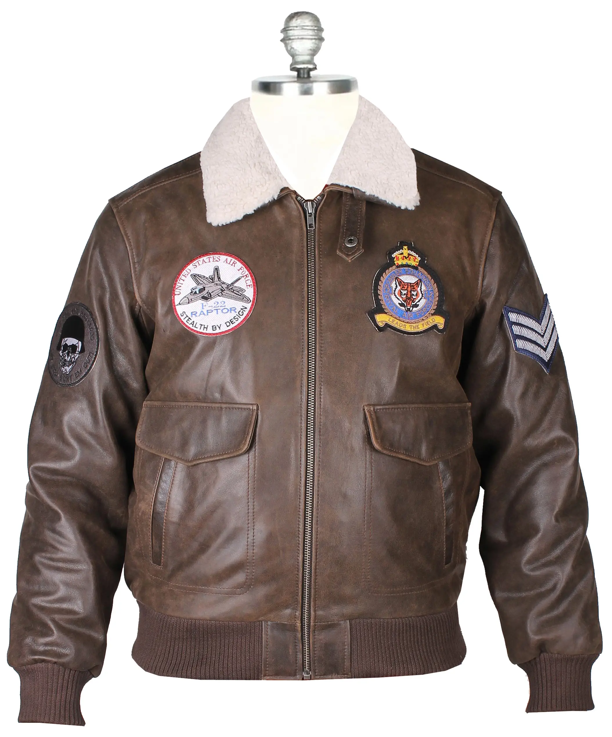 Men’s Cowhide Leather Pilot Bomber Jacket – Air Force Style with Patches