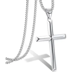 Solid 925 Sterling Silver Cross Necklace • Unisex 2mm Cuban Curb Chain Pendant Necklace • Non-Tarnish Crucifix Jewelry