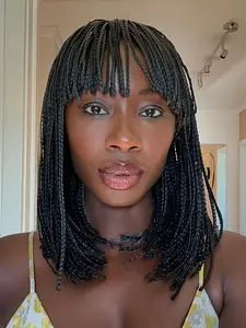 Short Box Braid Bob Wig with Bangs - Synthetic Cornrow Style for, Straight Hair, Elastic Net Cap, Perfect for Casual Attire or Special Occasions, Special Occasion Wig | Shoulderlength Wig | Synthetic Wig | Box Braided Wigs