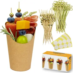50 Charcuterie Cups + 200  Picks + 56 Labels, 12 oz Disposable Charcuterie Cups with Sticks (2 Types),  Fry Cup Brown Paper Appetizer Cup for  Occasions