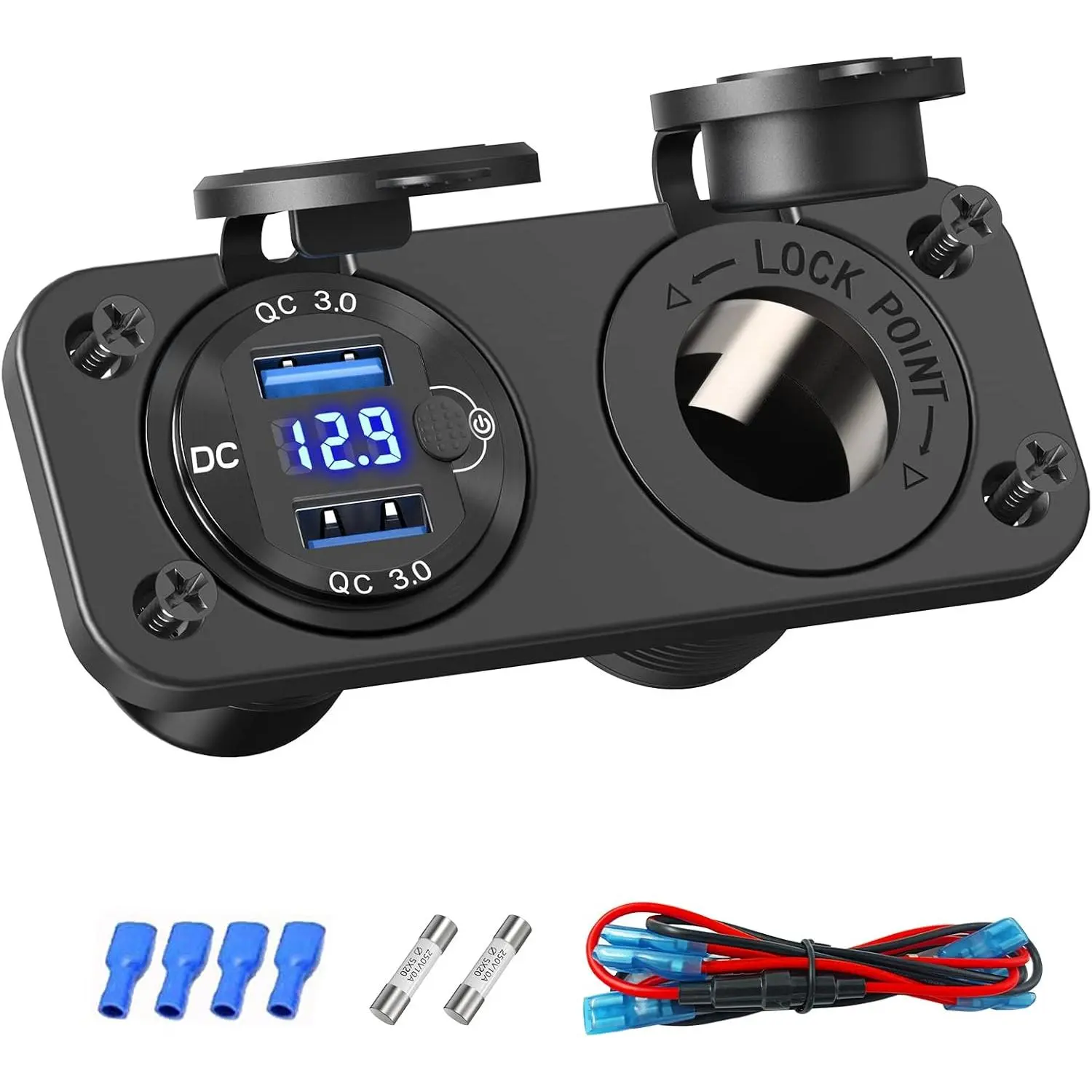 Cigarette Lighter Socket 12V Power Outlet, Aluminum 40W Dual QC3.0 USB Charger Socket with LED Voltmeter Switch,150W DC Lighter Socket Waterproof 12V Plug Panel for Car Boat RV Marine Golf Cart