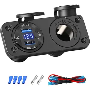 Cigarette Lighter Socket 12V Power Outlet, Aluminum 40W Dual QC3.0 USB Charger Socket with LED Voltmeter Switch,150W DC Lighter Socket Waterproof 12V Plug Panel for Car Boat RV Marine Golf Cart