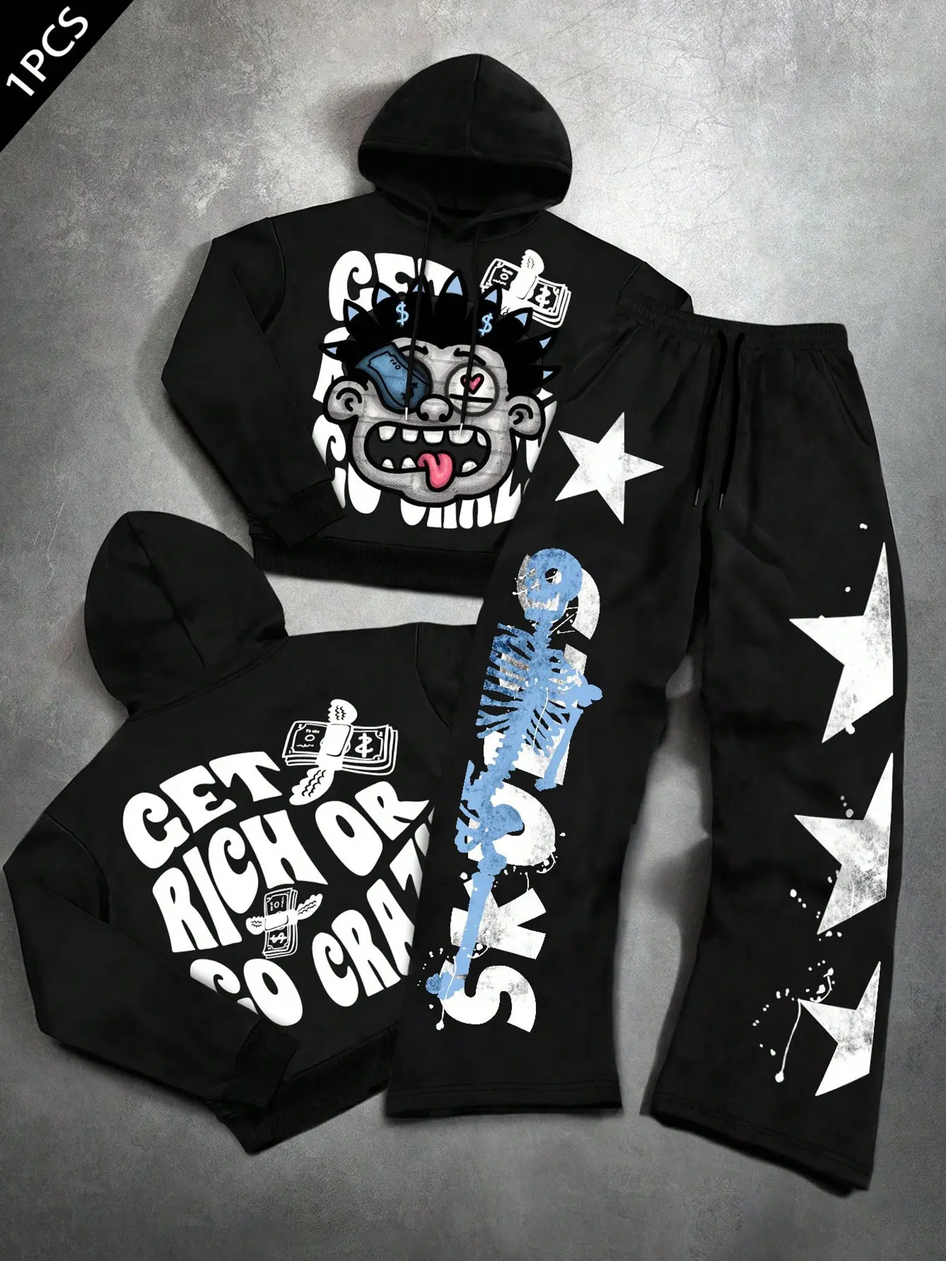 2 Piece Set Cartoon Print Hooded Sweatshirt and Drawstring Pants, Casual Sportswear, Long Sleeve, Fall & Winter, Street Style, Oversized Sweat Set, Streetwear Tracksuit Set, Athleisure Wear Set, Letter Print Sweatsuit, Hoodie Sweatpants Set