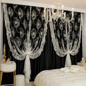 1 pc European retro floral with pleated edges double layer blackout curtain, with a wavy curtain head design on the top, 100% blackout ,UV protection function, suitable for living rooms, bedrooms, offices, balconies,  home decoration, Window Curtain