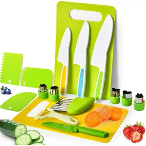 Kids Kitchen Knife Set, Kids Knife Set Include Serrated Edges Plastic Toddler Knife,Kids Knives For Real Cooking With Cutting Board (Style C)