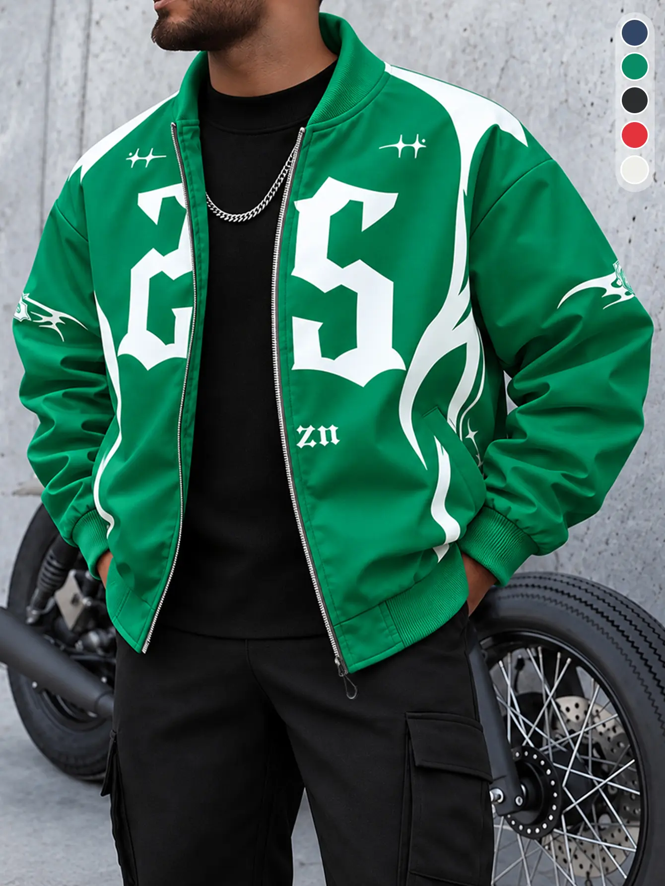 Men Varsity Bomber Jacket Gothic Letter Flame Graphic Print Stand Collar Full Zip Rib Cuff Loose Streetwear Racing Style Casual Outerwear Multi Color