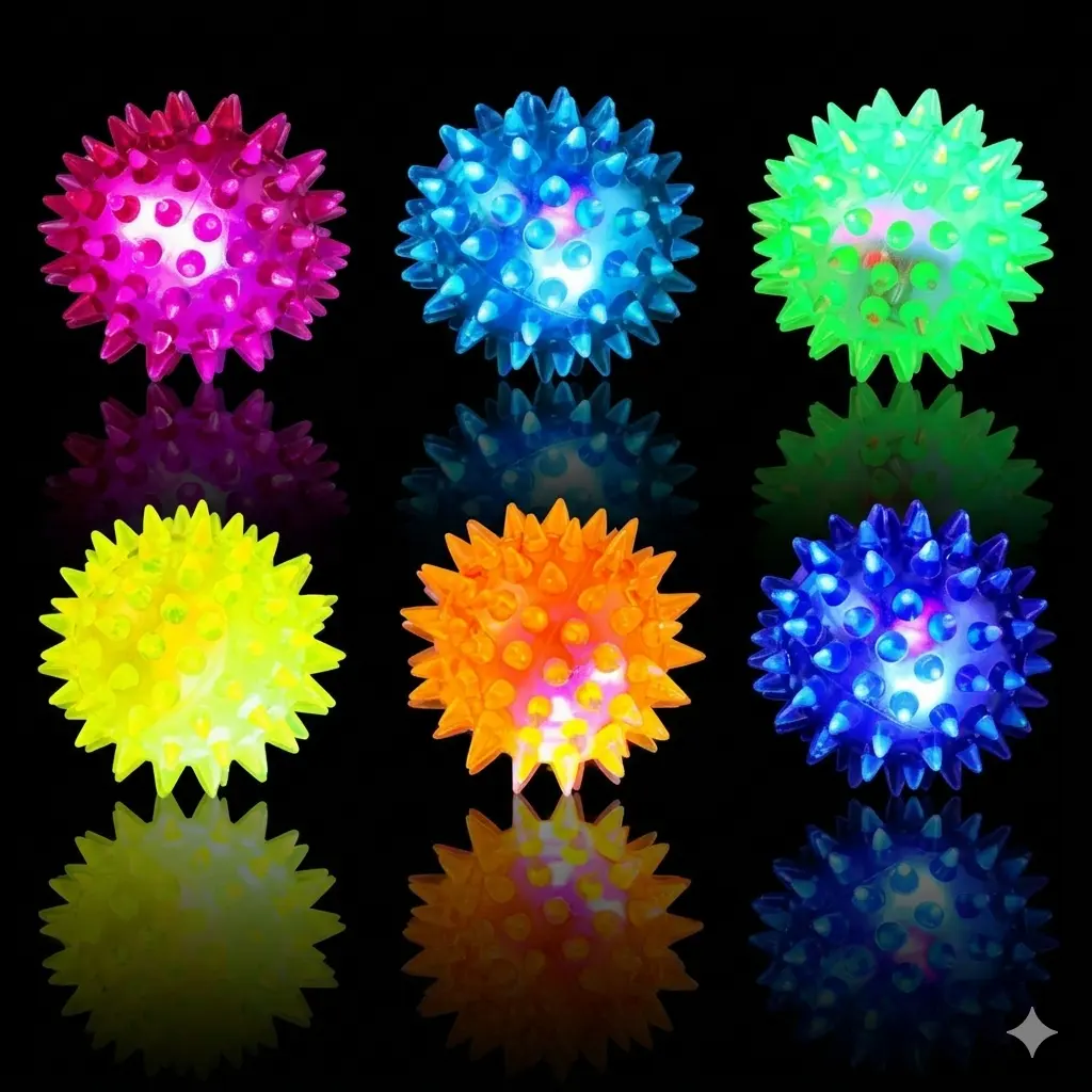 6-Pack Colorful Built-In Batteries Battery-Powered LED Bouncing Balls - Light-Up, Squeaky, Spiky Texture Sensory Toys for Kids, Ideal as Carnival Party Prizes, Batteries Built-In