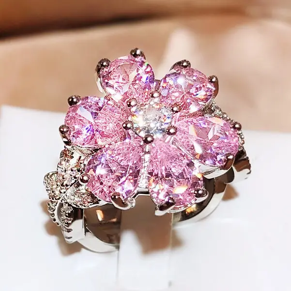 JJ CHIC Women's S925 Sterling Silver Pink Floral Zircon Ring, Unique and Trendy Jewelry for Women