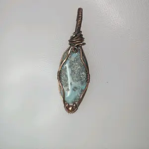 Wire Wrapped Larimar Pendant with Oxidized Square Copper Wire Unique Jewelry Design for Unique Wire Wrapped Lovers
