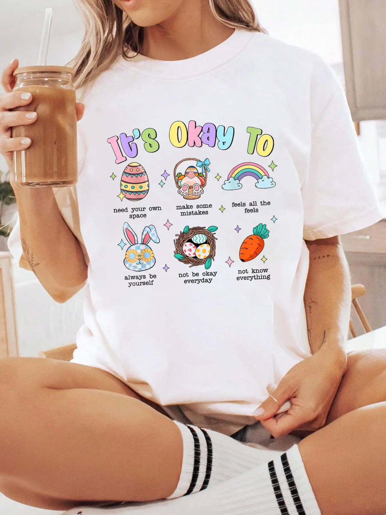 100% Cotton UnisexIt's Okay To Mental Health Sped Teacher Bunny Spring Easter T-Shirt Short Sleeve T-Shirt Women's Men's Graphic Tee Causal Tops