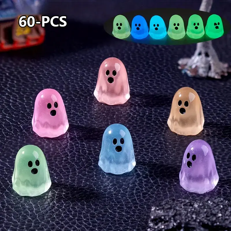 60-Piece Lightweight Glow-In-The-Dark Ghost Resin Beads Set, Creepy Cute Customizable Decorative Ornaments for DIY Halloween Home Decor & Mini Micro Landscape Accessories