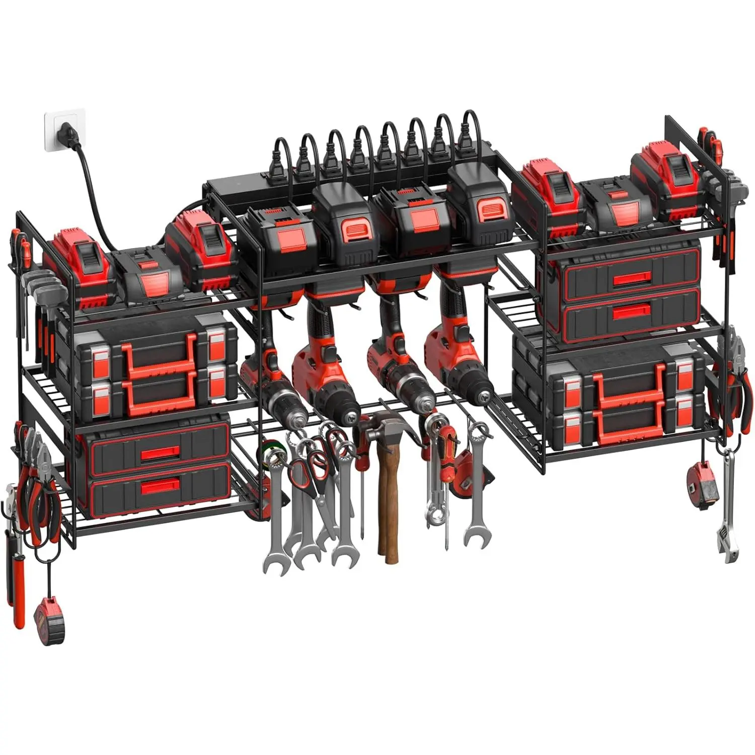 Black Electric Tool Organizer Wall-Mounted, Large Tool and Battery Storage Rack Charging Station with Independent Switch, Drill Bit Rack, Garage Utility Shelf with 6-Foot Power Strip, Gift for Men