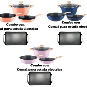 Combo OCTAGON 4 piece Cookware set with griddle for ELECTRIC stove/ Combo de Octagon de 4 piezas con comal para estufas ELECTRICAS!! Ceramic Glass Silicone Aluminium Pan Cover Fry Handles Lid Nonstick