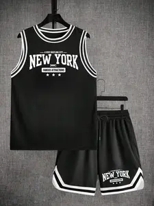 Men's "New York Bustling City" Graphic 2-Piece Set, Bold Urban Streetwear Design, Premium Breathable Material, Relaxed Fit, Perfect for Confident Men, Daily Leisure, Weekend Hangouts & Modern Urban Casual Outfits