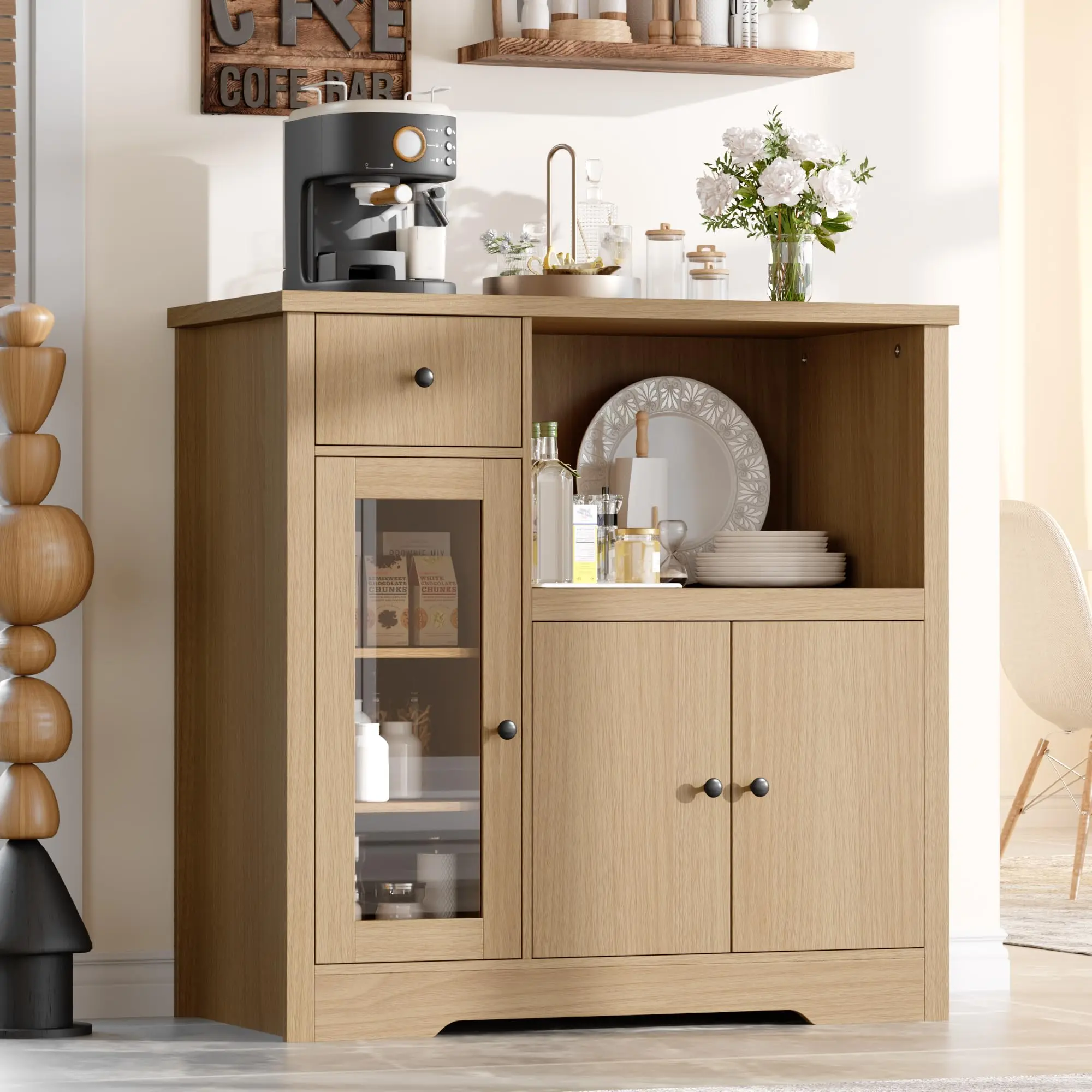 Modern Kitchen Microwave Cabinet with Drawers and Storage, Small Buffet Sideboard with Glass Doors and Adjustable Shelf, Wide Top for Dining and Living Room