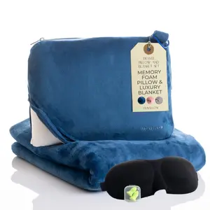 Travellow Travel Pillow and Blanket Set - 4-in-1 Ultimate Travel Kit with Memory Foam Pillow, Travel Blanket, Sleep Mask, and Earplugs-Ultimate Comfort and Coziness for Your Journeys - Blue