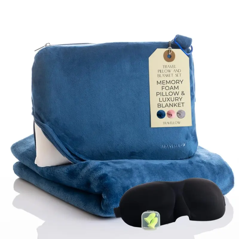 Travellow Travel Pillow and Blanket Set - 4-in-1 Ultimate Travel Kit with Memory Foam Pillow, Travel Blanket, Sleep Mask, and Earplugs-Ultimate Comfort and Coziness for Your Journeys - Blue