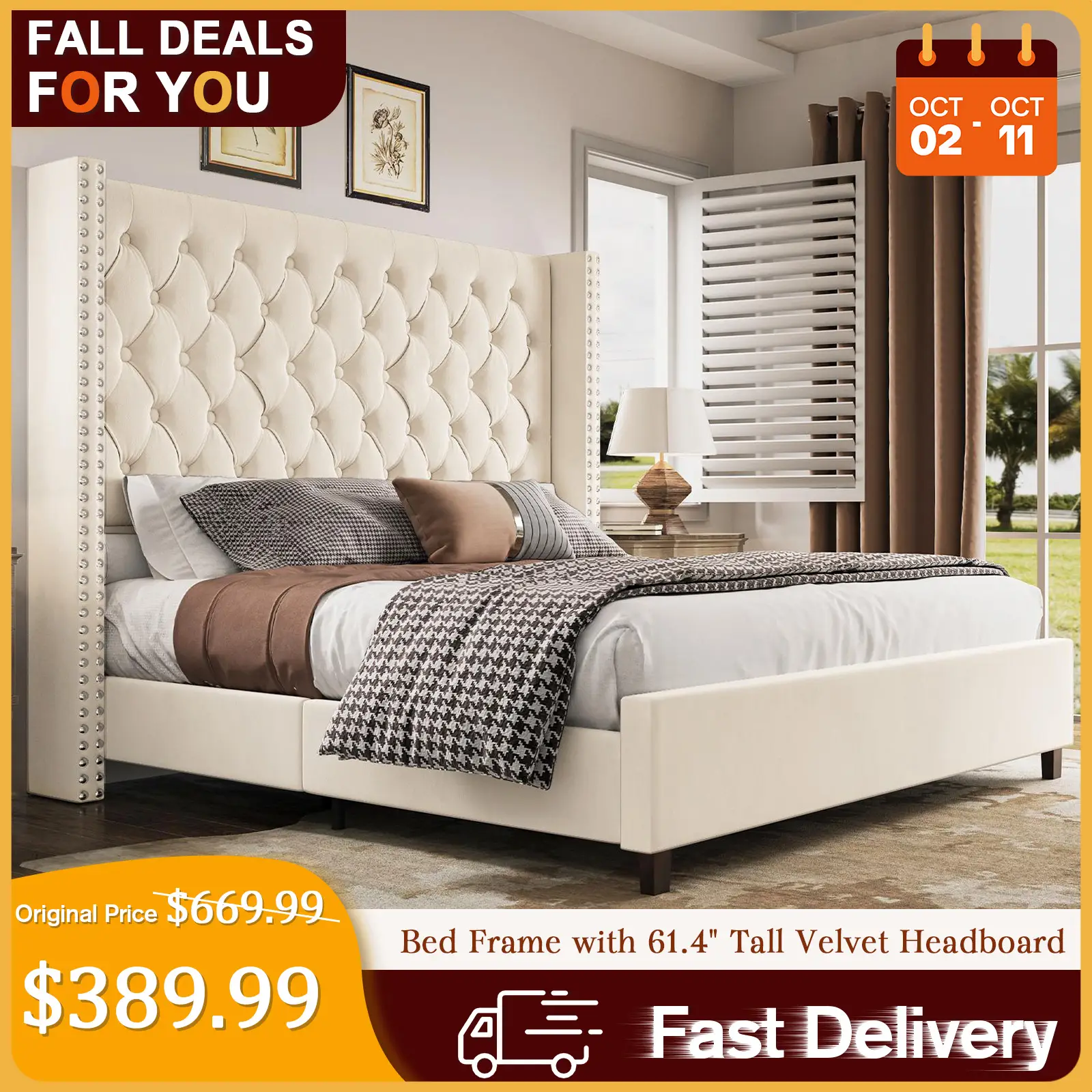 [TikTokShopfalldealsforyou] AMERLIFE 61.4" Tall Bed Frame, Modern Upholstered Bed, Wingback Headboard, Velvet Tufted Handcrafted Pleat Deep Button/Co