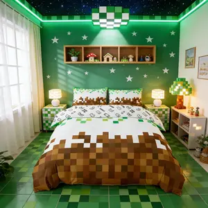Pixelated Duvet Cover Set,Geometric Patchwork Grid Bedding Set for Kids Teens Bedroom Decor,Games Miners Comforter Cover,Brown Green Bedding Collection,No Filler