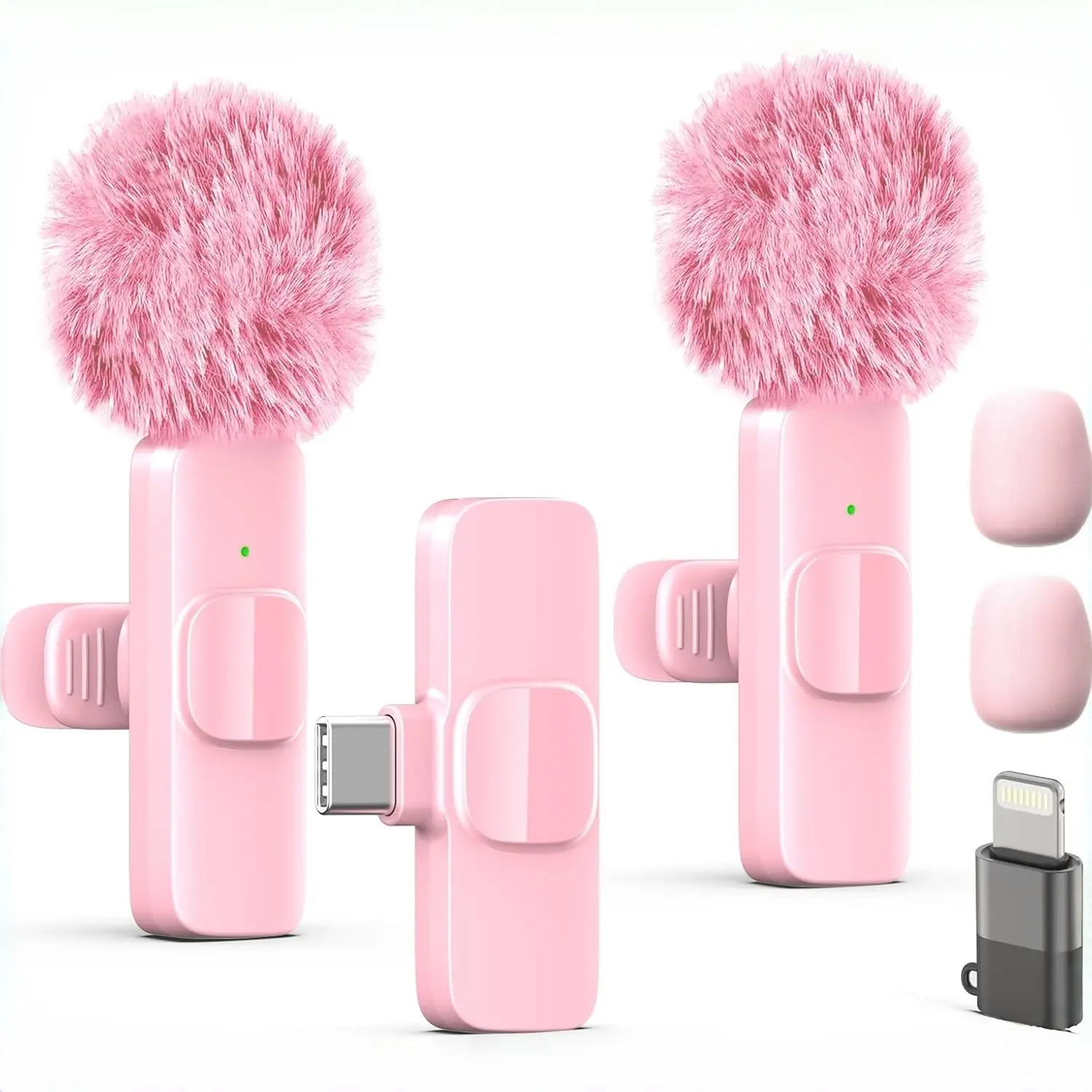 Rechargeable Wireless Lavalier Lapel Microphone with Noise Reduction, Audio Recording, Plug-and-Play Charging for iPhone, iPad, Android Smartphones, USB Type-C, Lightning Ports (Pink)