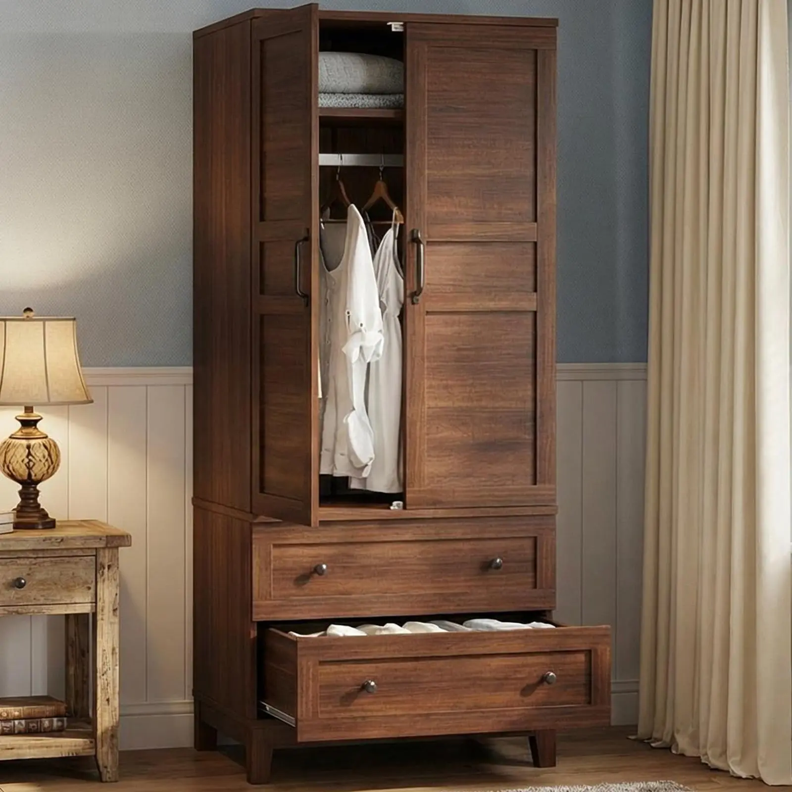 Garvee High Freestanding Walnut Brown Wooden Armoire - 72 in Storage Closet Cabinet with 2 Drawers, Hanging Rod, Doors, 18 Adjustable Shelves for Bedroom Clothing Organization, High Freestanding Wardrobe
