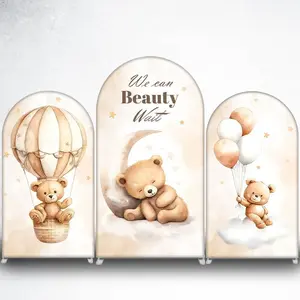 15-day Delivery Beige Hot Air Balloon Teddy Bear Arch Backdrop Cover for Neutral Baby Shower
