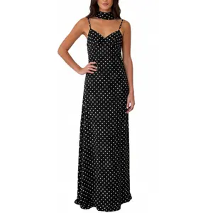 Women Sexy Polka Dots DressFit  Deep V Neck Backless Maxi Dress Spaghetti Strap Long Party Dress with Scarf