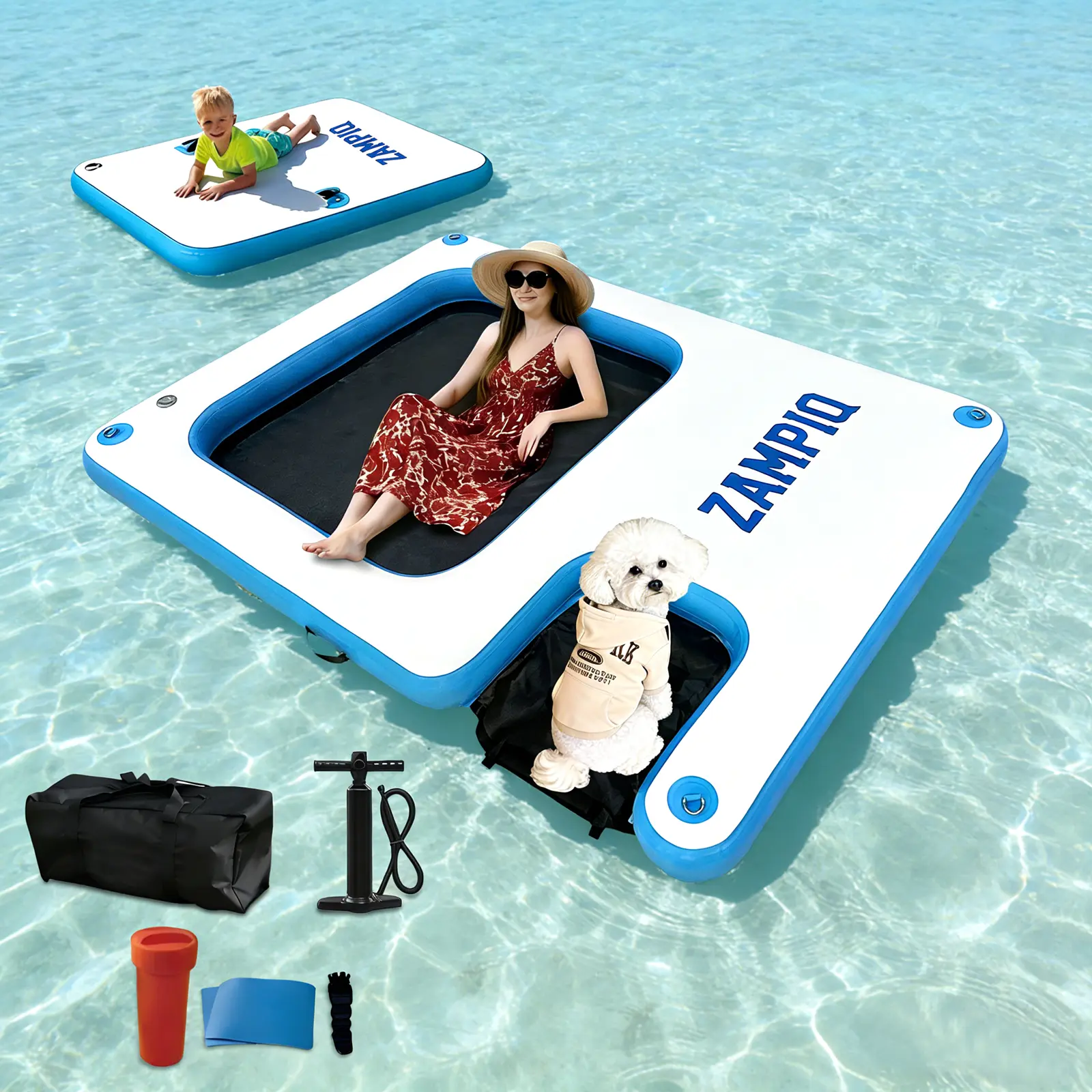 ZAMPIQ Heavy-Duty PVC Inflatable Dock, 94.5 x 70.9 x 6 in Floating Platform with Mesh Dog Ramp, 640 lbs Capacity, Stainless Steel D-Rings for Lake, Boat & Paddleboarding, Kayaking, 1.2Mm Thickened Pvc, Sports, 3-5 Adults, 4 Reinforced D-Rings, 6Ft X 10Ft