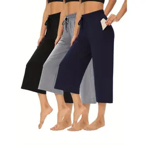 3pcsDrawstringWideLegCapriPants,Women'sLooseFitAthleticYogaPantsWithPockets,CasualComfortSportsCroppedTrousersForOutdoorFitnessTraining