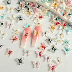 50PCS Translucent Jelly Resin Butterfly Nail Charms Double Colors Shining Butterfly Mini Rhinestones Inlaid for DIY French Style Nails Ornaments