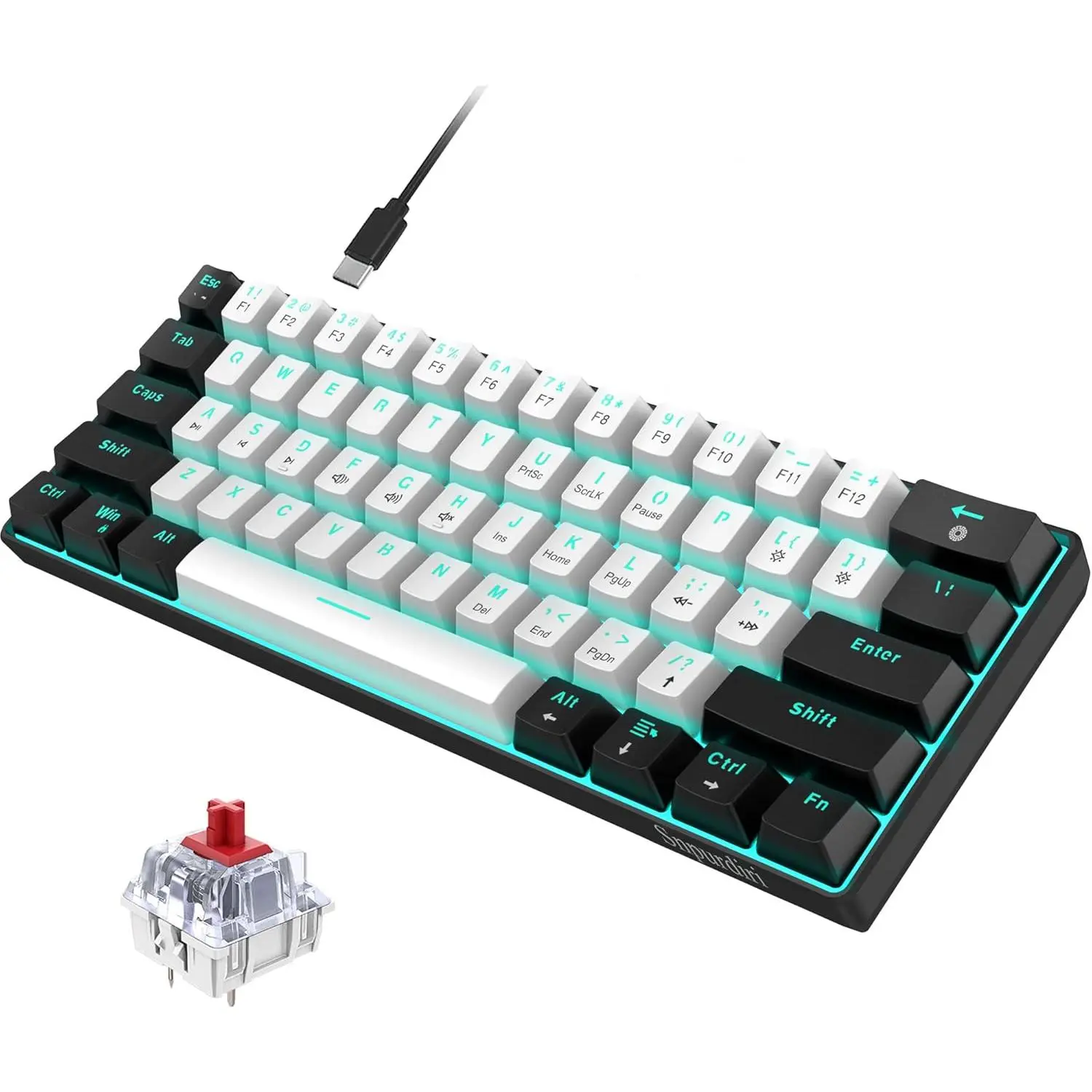 60% Wired Mechanical Gaming Keyboard, Ice Blue LED Backlit 61  Mini Wired Office Keyboard for Windows Laptop PC  (Black-White, Red Switches)