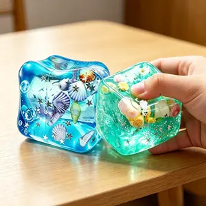 1/2 PCS Ocean Cube Squishy Toy, Soft Slow Rebound Underwater Style Squeeze Toy, Aesthetic Stress Relief Fidget Toy with Glitter and Shell, Suitable for All Ages
